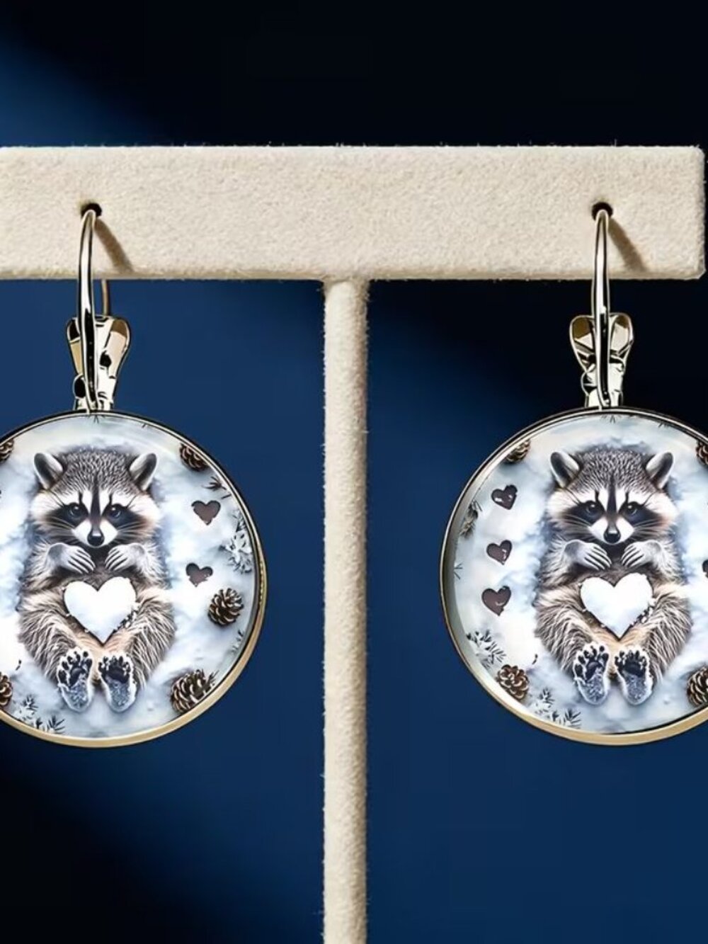 Round Silver RACCOON Dangle Earrings - Picture 2 of 5